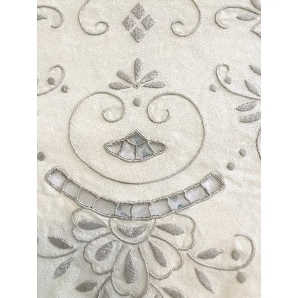 Vintage Large Tablecloth and 12 Napkins Embroidered Cream Grey Floral Bell Gray